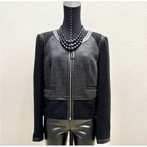 Halogen Black & Grey Tweed Blazer with Leather Accents